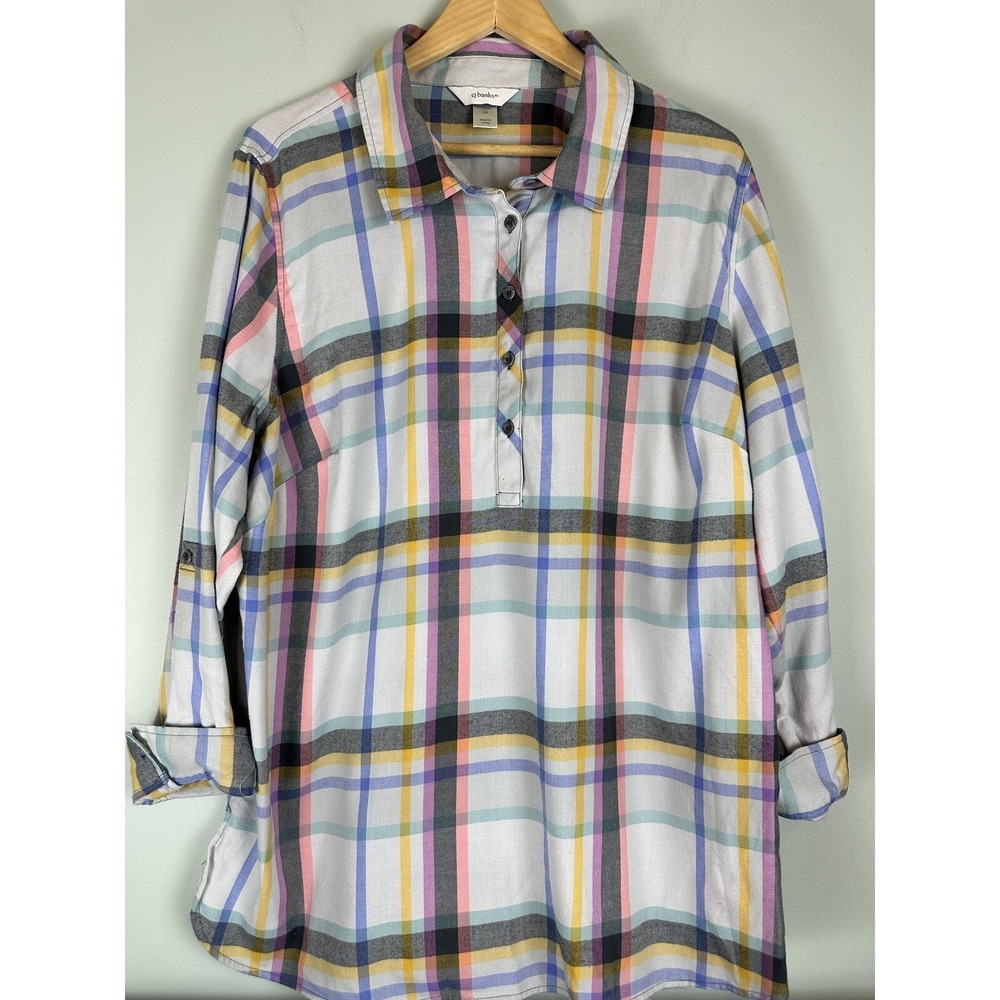 CJ Banks Women's 1/4 Button Pullover Plaid Cotton Blend Light Top Plus Size 2X